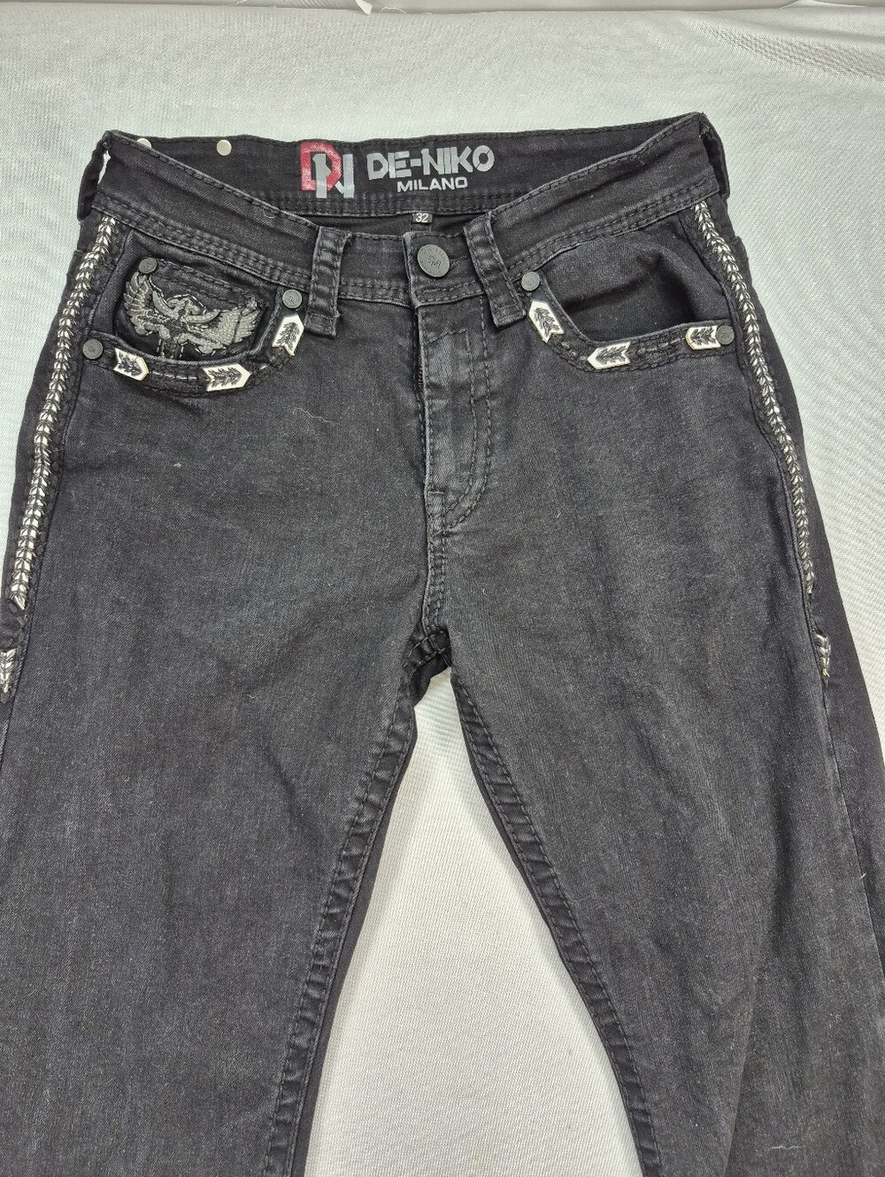 De-Niko Milano Men's 32 Black Embroidered/Rivets Pockets   Jeans Straight Leg